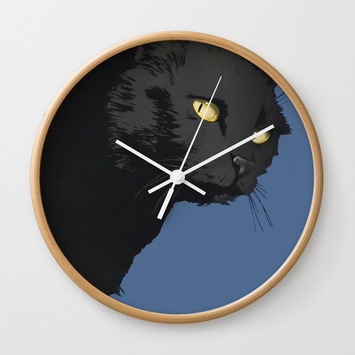 Vintage Black Cat With Yellow Eyes On Blue Background Wall Clock