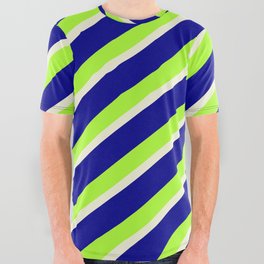 [ Thumbnail: Dark Blue, Light Green, and Beige Colored Striped Pattern All Over Graphic Tee ]