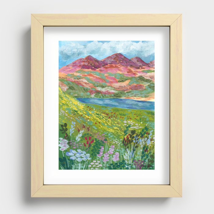 Mountain Lake with Summer Flowers Recessed Framed Print