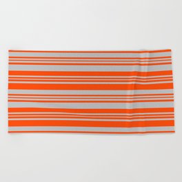 [ Thumbnail: Red and Grey Colored Lined Pattern Beach Towel ]