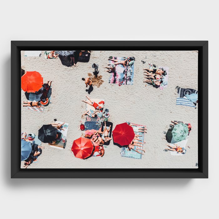 Aerial Red Umbrellas, Beach Umbrellas, People On Beach, Aerial Beach, Summer Vibes Framed Canvas