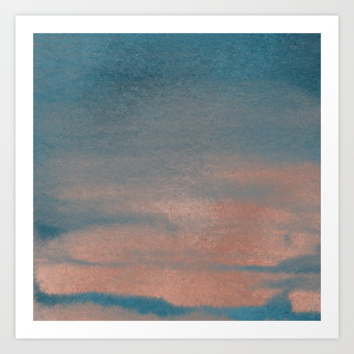 Abstract Sky Blue Rose Gold Watercolor Sunset Art Print By