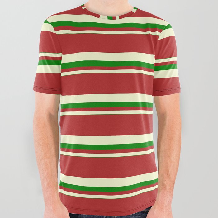Red, Light Yellow, and Green Colored Striped/Lined Pattern All Over Graphic Tee