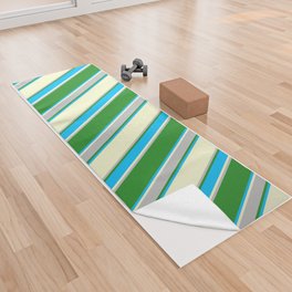 [ Thumbnail: Light Yellow, Deep Sky Blue, Forest Green & Grey Colored Stripes Pattern Yoga Towel ]
