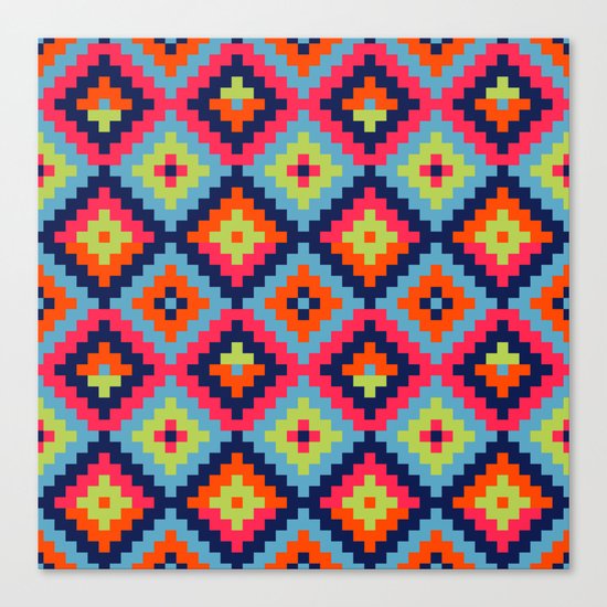 Aztec pattern - blue, green, orange, pink Canvas Print