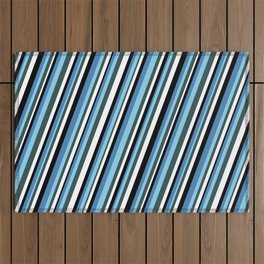 [ Thumbnail: Eyecatching Blue, Sky Blue, Dark Slate Gray, White, and Black Colored Stripes Pattern Outdoor Rug ]