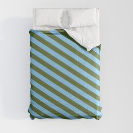 [ Thumbnail: Dark Olive Green & Light Sky Blue Colored Lines Pattern Comforter ]