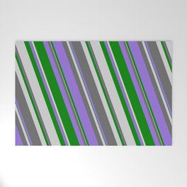 [ Thumbnail: Dim Gray, Purple, Green & Light Grey Colored Lined Pattern Welcome Mat ]