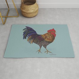 Proceeds benefit Hope Haven Farm Sanctuary Rug | Animal, Red, Drawing, Bird, Ink Pen, Hopehaven, Bantam, Rooster, Feathers, Farm 