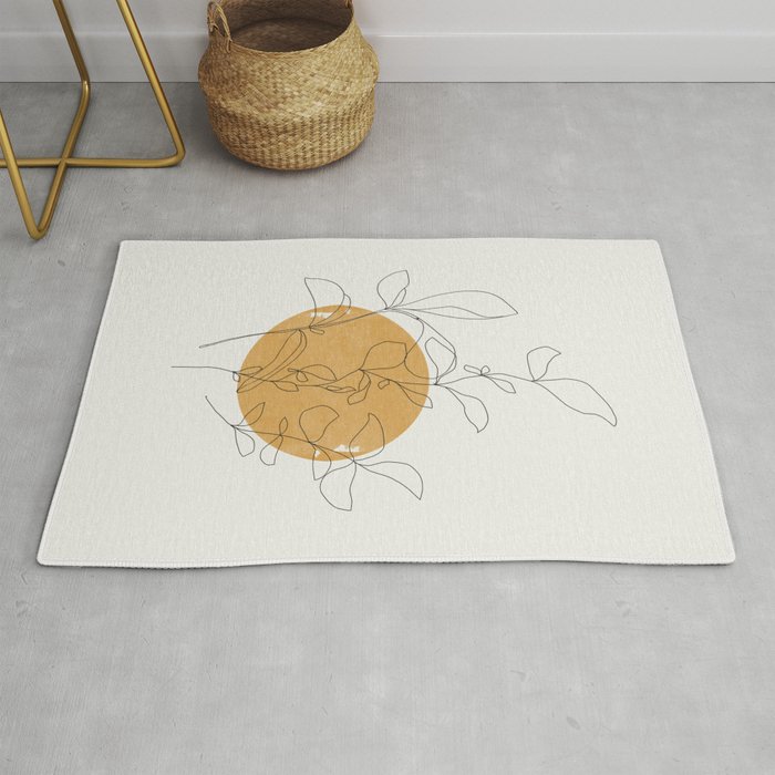 Yellow Sun and Flowers / Minimalist Line `Art  Rug