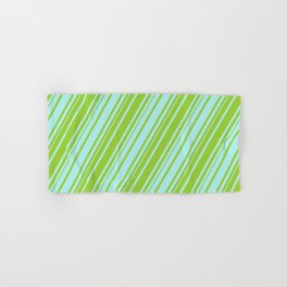 [ Thumbnail: Turquoise and Green Colored Lined Pattern Hand & Bath Towel ]