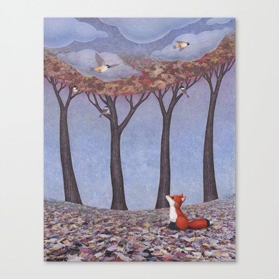 fox and chickadees Canvas Print