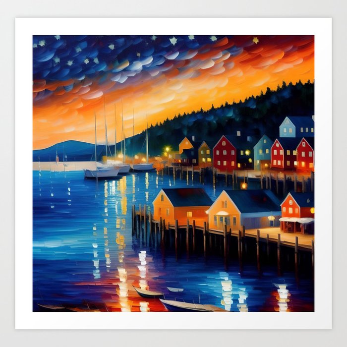 Bar Harbor, Acadia, Mount Desert Island, Maine fishing harbor coastal landscape painting Art Print