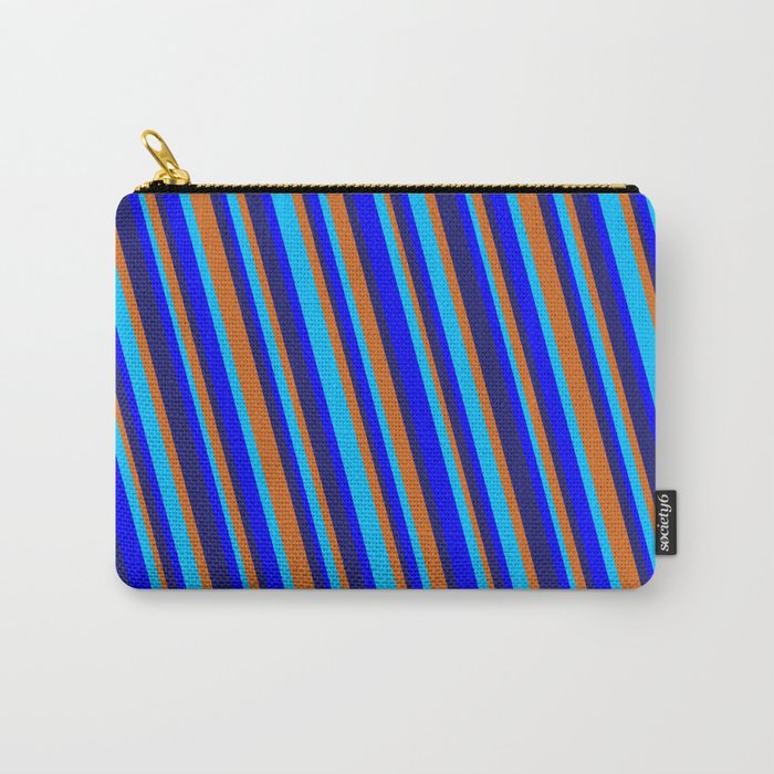 Midnight Blue, Chocolate, Deep Sky Blue & Blue Colored Striped/Lined Pattern Carry-All Pouch