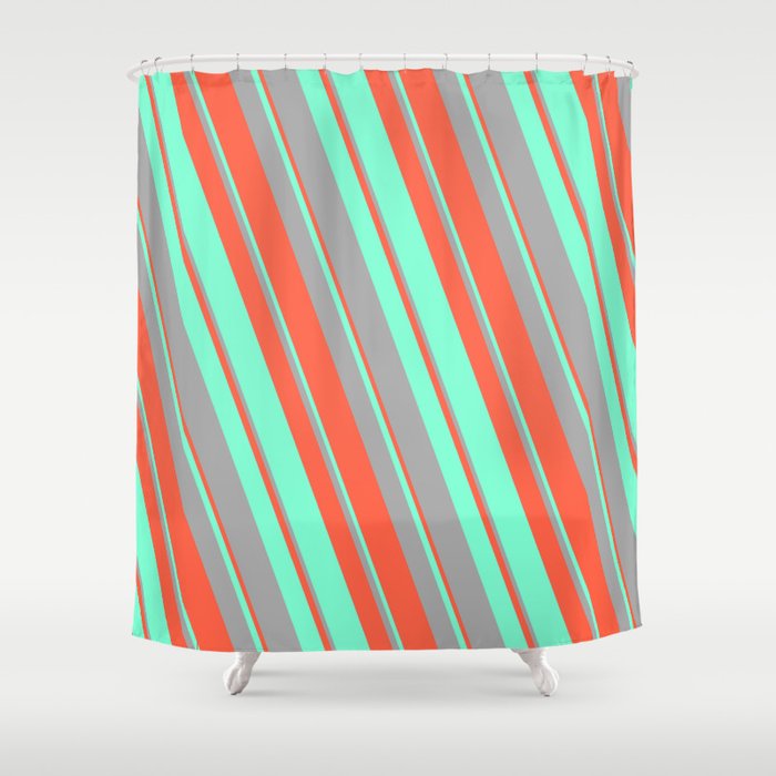 Red, Aquamarine, and Dark Grey Colored Lined/Striped Pattern Shower Curtain