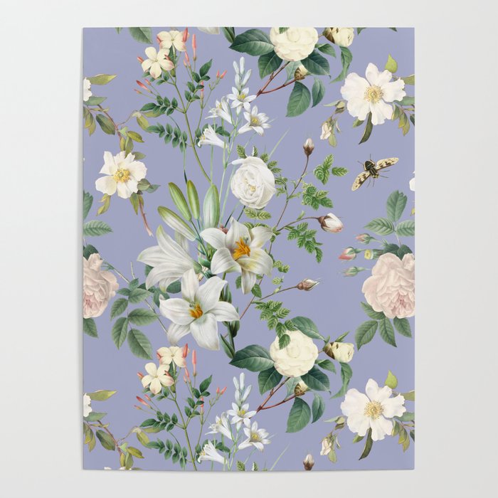 White Flowers Vintage Botanical Illustration Collage on the  light pastel  purple color Poster