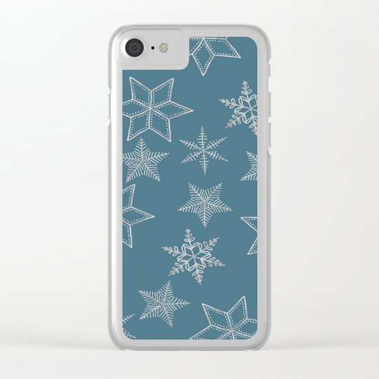 Silver Snowfakes On Teal Background Clear iPhone Case