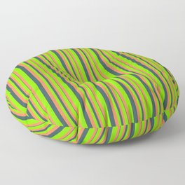 [ Thumbnail: Chartreuse, Coral, and Dark Slate Gray Colored Lines/Stripes Pattern Floor Pillow ]