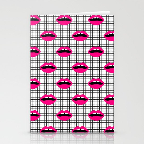 Lips minimal grid  black and white pattern cute gift for valentines day love lipstick Stationery Cards