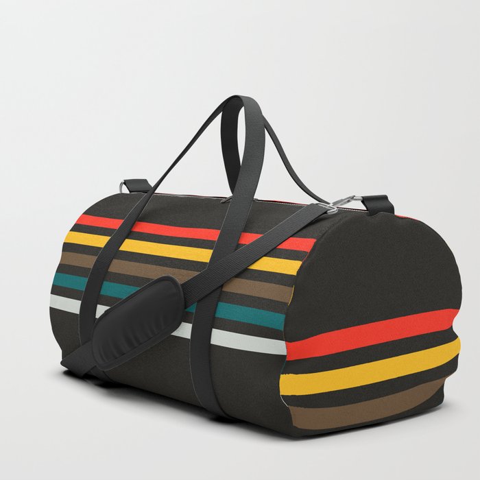 Shenina - Classic 1970s Style Retro Racing Stripes on Black Duffle Bag