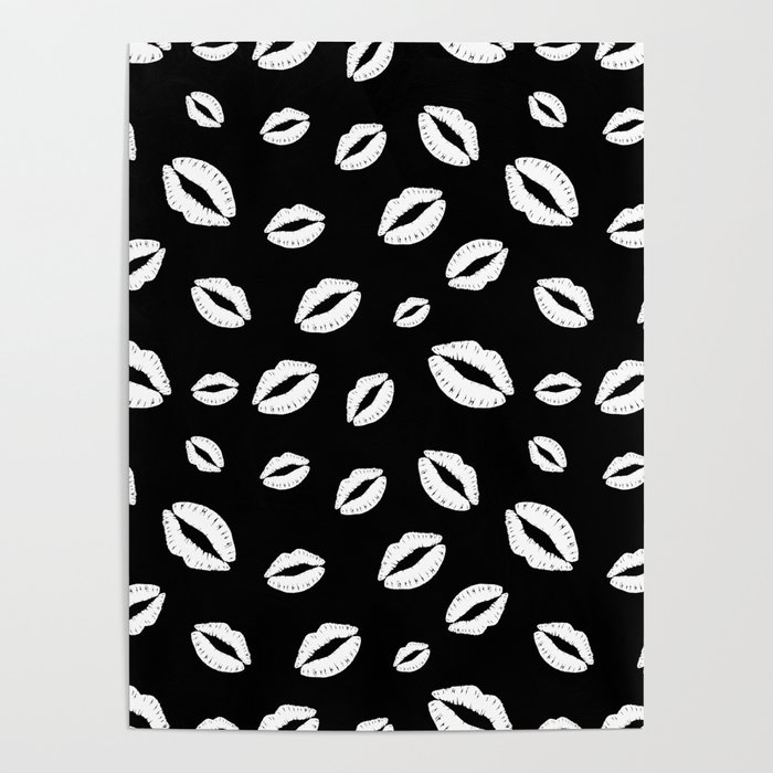 Lipstick kisses on black background. Digital Illustration background Poster