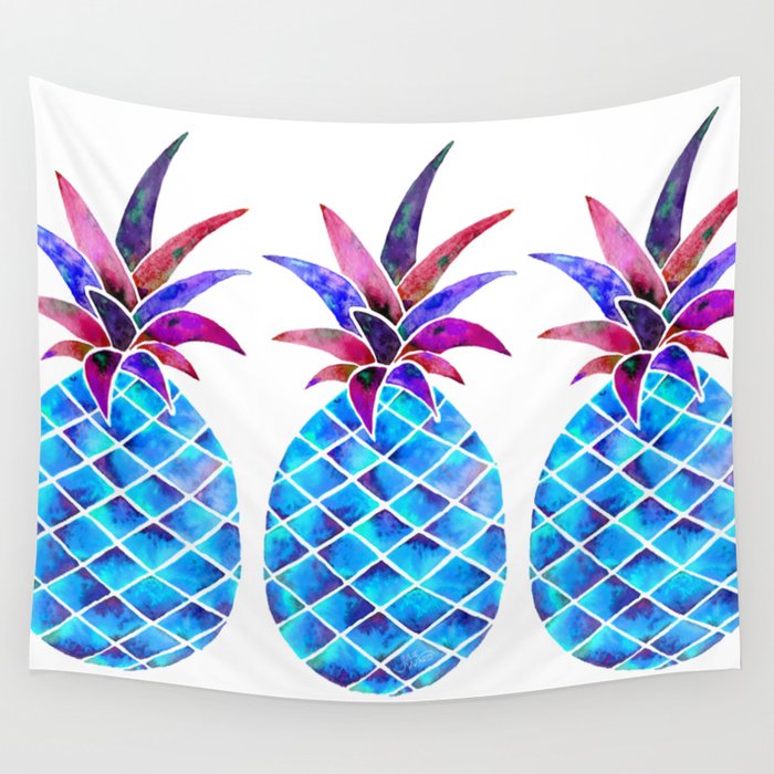 Pineapple Watercolor - Blue & Fuchsia Wall Tapestry