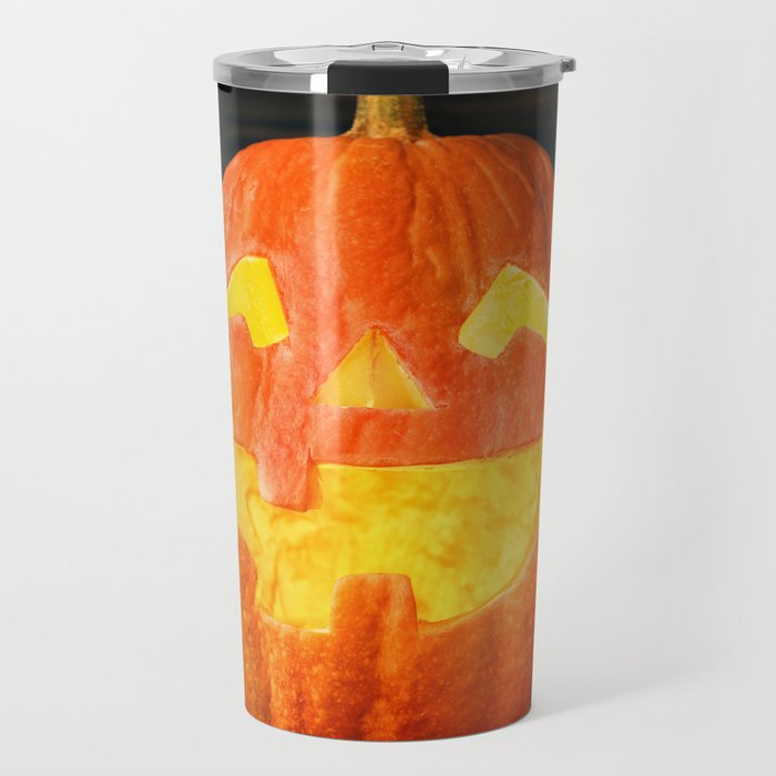 Halloween Pumpkin with Leaves on Wooden Background Travel Mug