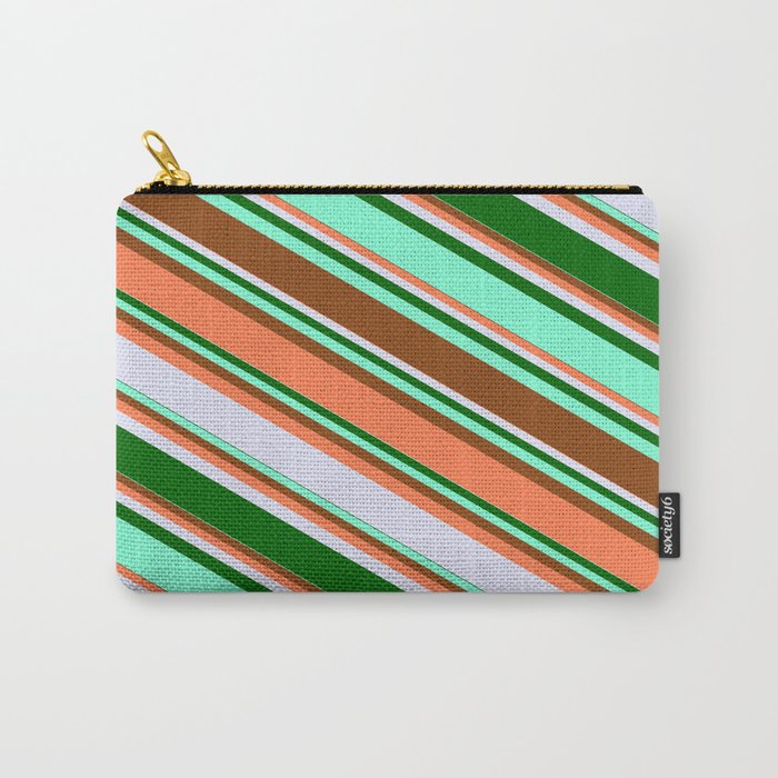 Eyecatching Brown, Coral, Lavender, Dark Green & Aquamarine Colored Lines Pattern Carry-All Pouch