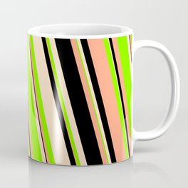 [ Thumbnail: Light Salmon, Black, Bisque & Chartreuse Colored Striped/Lined Pattern Coffee Mug ]