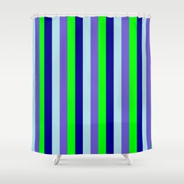 [ Thumbnail: Powder Blue, Slate Blue, Lime, and Dark Blue Colored Stripes Pattern Shower Curtain ]