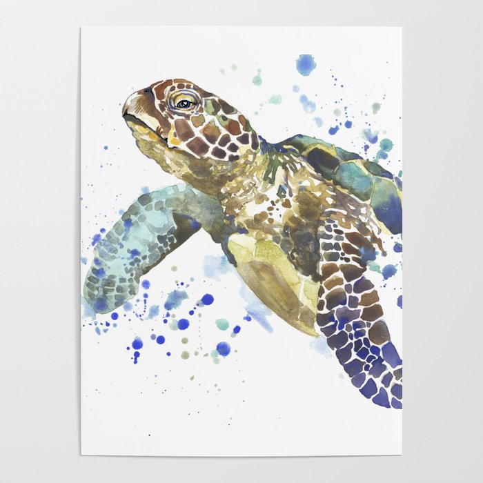 Abstract Watercolor Sea Turtle on White 2 Minimalist Coastal Art - Coast - Sea - Beach - Shore Poster