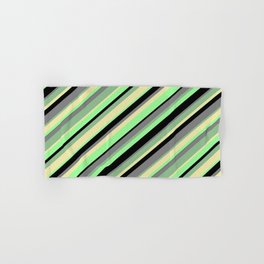 [ Thumbnail: Eye-catching Dark Sea Green, Pale Goldenrod, Green, Black, and Gray Colored Stripes Pattern Hand & Bath Towel ]