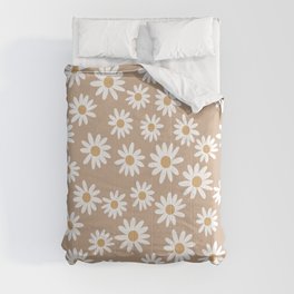 Daisies - daisy floral repeat, daisy flowers, 70s, retro, black, daisy florals camel brown Comforter