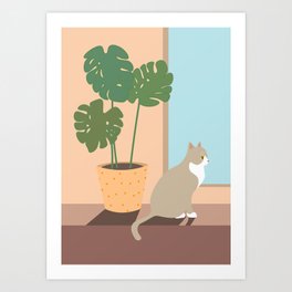 Cat and monstera plant Art Print