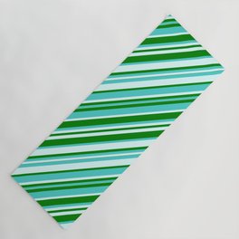 [ Thumbnail: Green, Turquoise & Light Cyan Colored Lined/Striped Pattern Yoga Mat ]