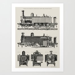 Vintage Engine Train Illustration Art Print | Transportation, Coal, Antique, Train, Carriage, Railway, Steam, Drawing, Historical, Rail 