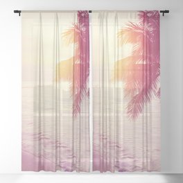 Tropical beach sunset background with palm tree silhouette. Vintage effect.  Sheer Curtain