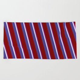 [ Thumbnail: Orchid, Lavender, Dark Slate Blue, and Maroon Colored Striped Pattern Beach Towel ]