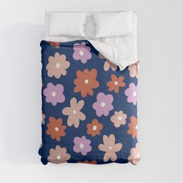 Retro Flowers Lilac, Burnt Orange, Light Pink with Dark Blue Background Comforter