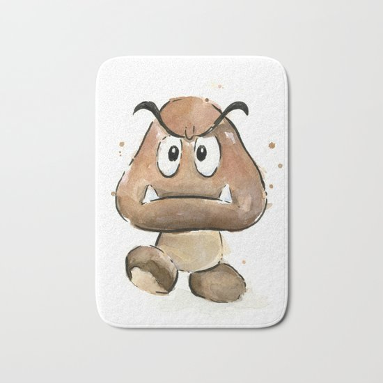 Goomba Watercolor Painting Mario Gamer Videogame Art Bath Mat