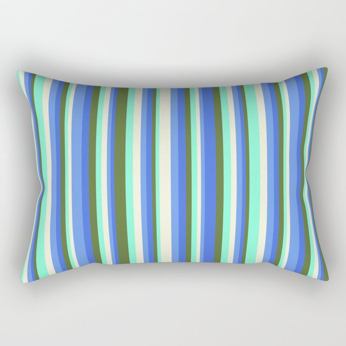 Eyecatching Dark Olive Green, Royal Blue, Cornflower Blue, Beige, Aquamarine Colored Stripes Pattern Rectangular Pillow