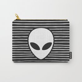 Alien on Black and White stripes Carry-All Pouch | Eyes, Digital, B W, Pattern, Ufo, Graphicdesign, Alien, Black and White, Big, Background 