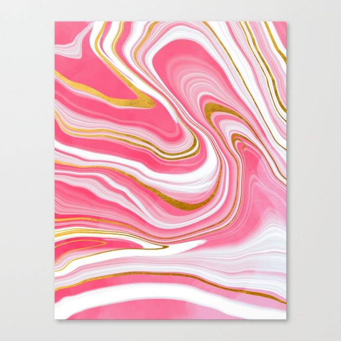 Faux Summer Pink Gold Liquid Swirl Marble  Canvas Print