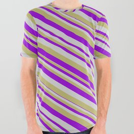 [ Thumbnail: Light Grey, Dark Khaki, and Dark Violet Colored Striped/Lined Pattern All Over Graphic Tee ]