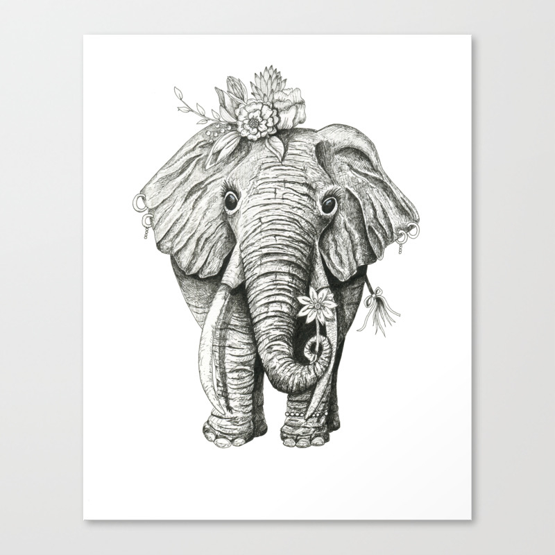 Elephant Art Black And White Elephant Flower Crown Animal Art Canvas Print By Junepoppiesdesigns Society6