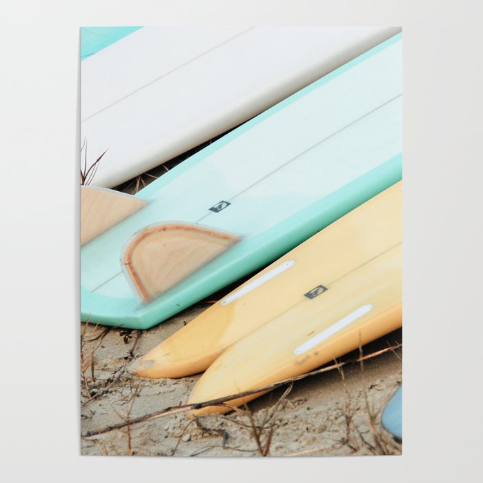 Surfboard Line A Modern Artsy Style Graphic Photography of Pastel Blue Green and Yellow Boards Poster