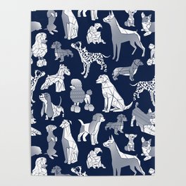 Geometric sweet wet noses // navy blue background white dogs Poster