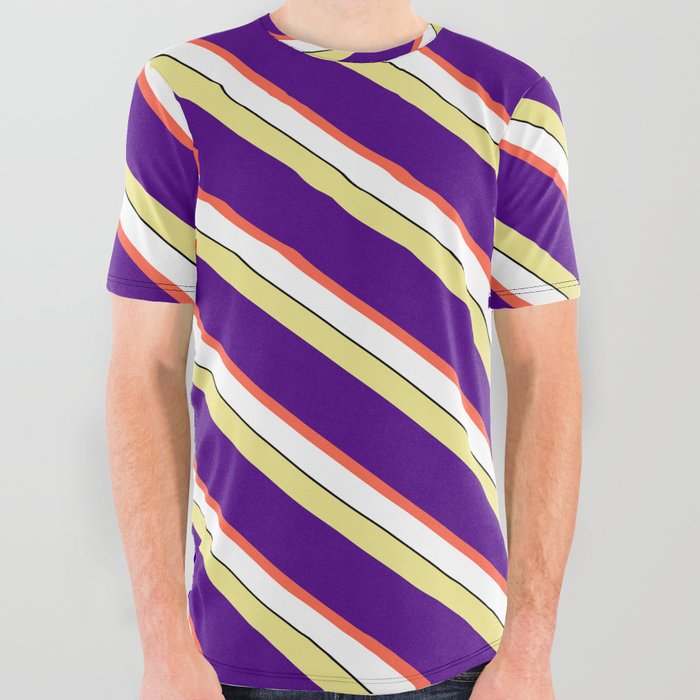Eyecatching Tan, Indigo, Red, White, and Black Colored Lines/Stripes Pattern All Over Graphic Tee