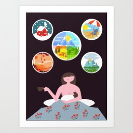 A mom's dream for holiday Art Print | Holiday, Illustration, Nobra, Littlegirl, Dreamy, Beach, Graphicdesign, Nude, Dream, Lady 