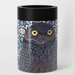 Cute burrowing owl decorated and on a patterned background - blue Can Cooler